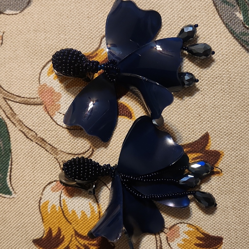 Blue Floral Drop Earrings - Clip-On Women Accessories
